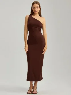 Asymetryczna sukienka maxi bodycone brązowa