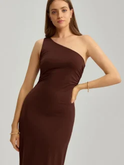Asymetryczna sukienka maxi bodycone brązowa