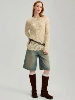 Asymetryczny sweter crochet kremowy