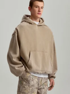 Beżowa bluza bombka z kapturem i efektem acid wash
