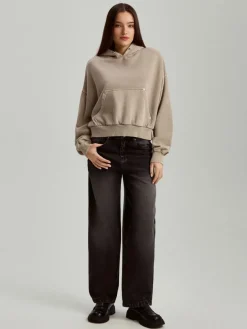 Beżowa bluza z kapturem i efektem acid wash