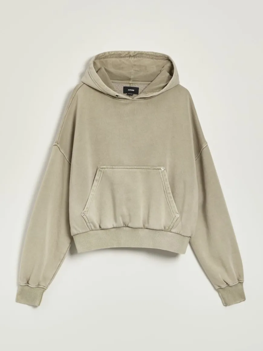Beżowa bluza z kapturem i efektem acid wash