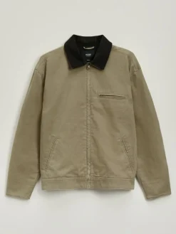 Beżowa kurtka typu barn jacket z kontrastowym kołnierzem