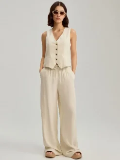 Beżowe spodnie wide leg mid waist z domieszką lnu