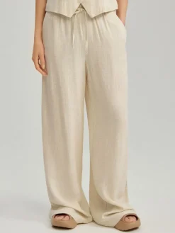 Beżowe spodnie wide leg mid waist z domieszką lnu