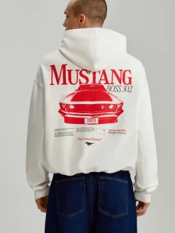 Biała bluza z kapturem i nadrukiem Ford Mustang