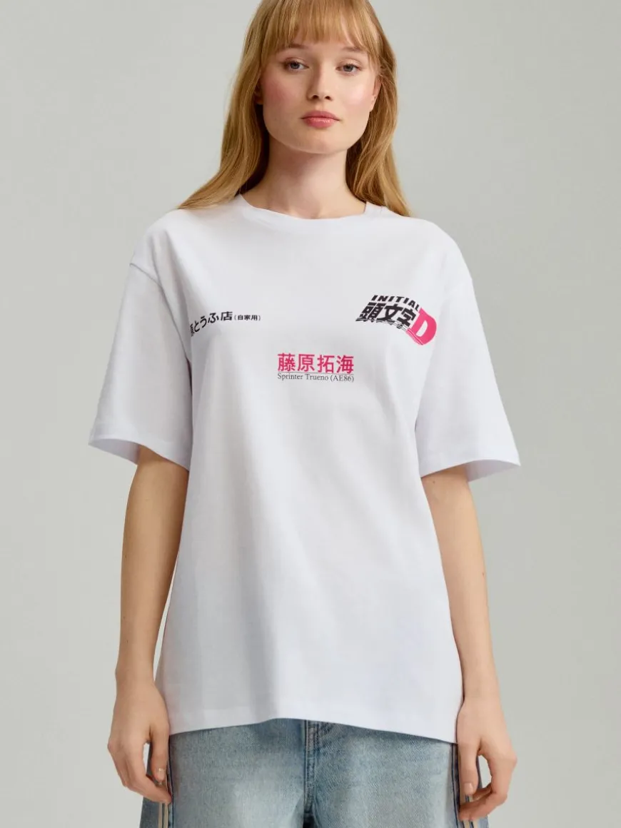 Biała koszulka z nadrukiem Initial D z przodu i z tyłu