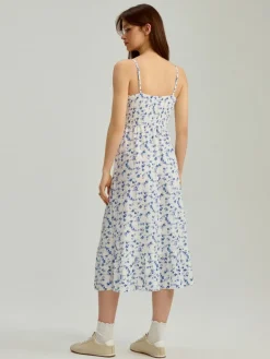 Biała sukienka midi fit&flare w kwiaty