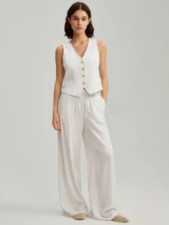 Białe spodnie wide leg mid waist z domieszką lnu