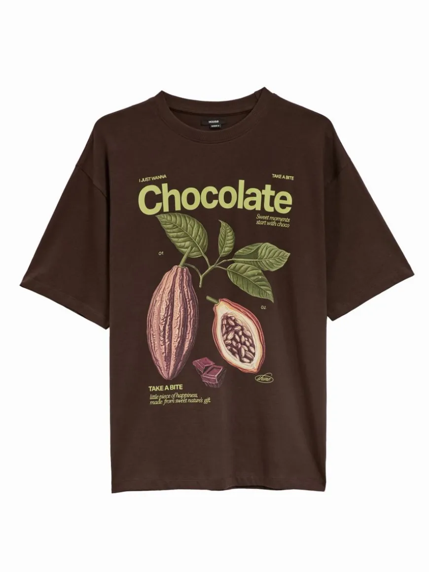 Brązowa koszulka z nadrukiem kakaowca z napisem Chocolate