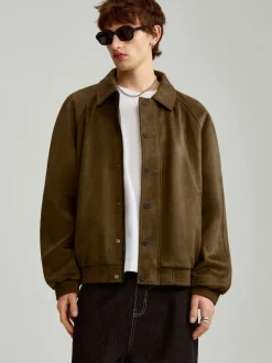 Brązowa kurtka bomber dad fit z imitacj zamszu