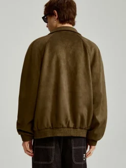 Brązowa kurtka bomber dad fit z imitacj zamszu
