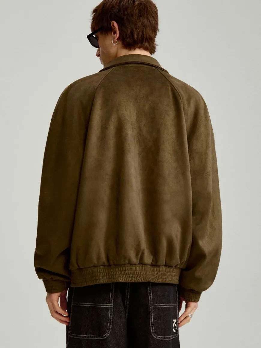 Brązowa kurtka bomber dad fit z imitacj zamszu