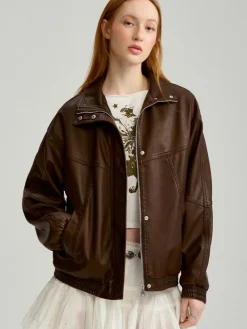 Brązowa kurtka bomber dad fit oversize z efektem sprania