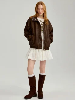 Brązowa kurtka bomber dad fit oversize z efektem sprania