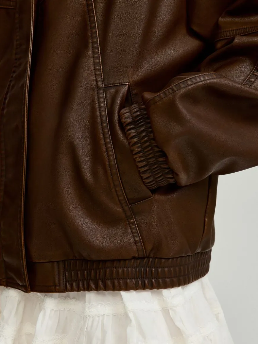 Brązowa kurtka bomber dad fit oversize z efektem sprania