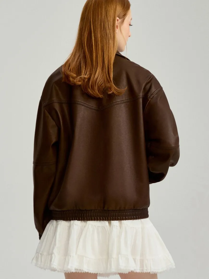 Brązowa kurtka bomber dad fit oversize z efektem sprania