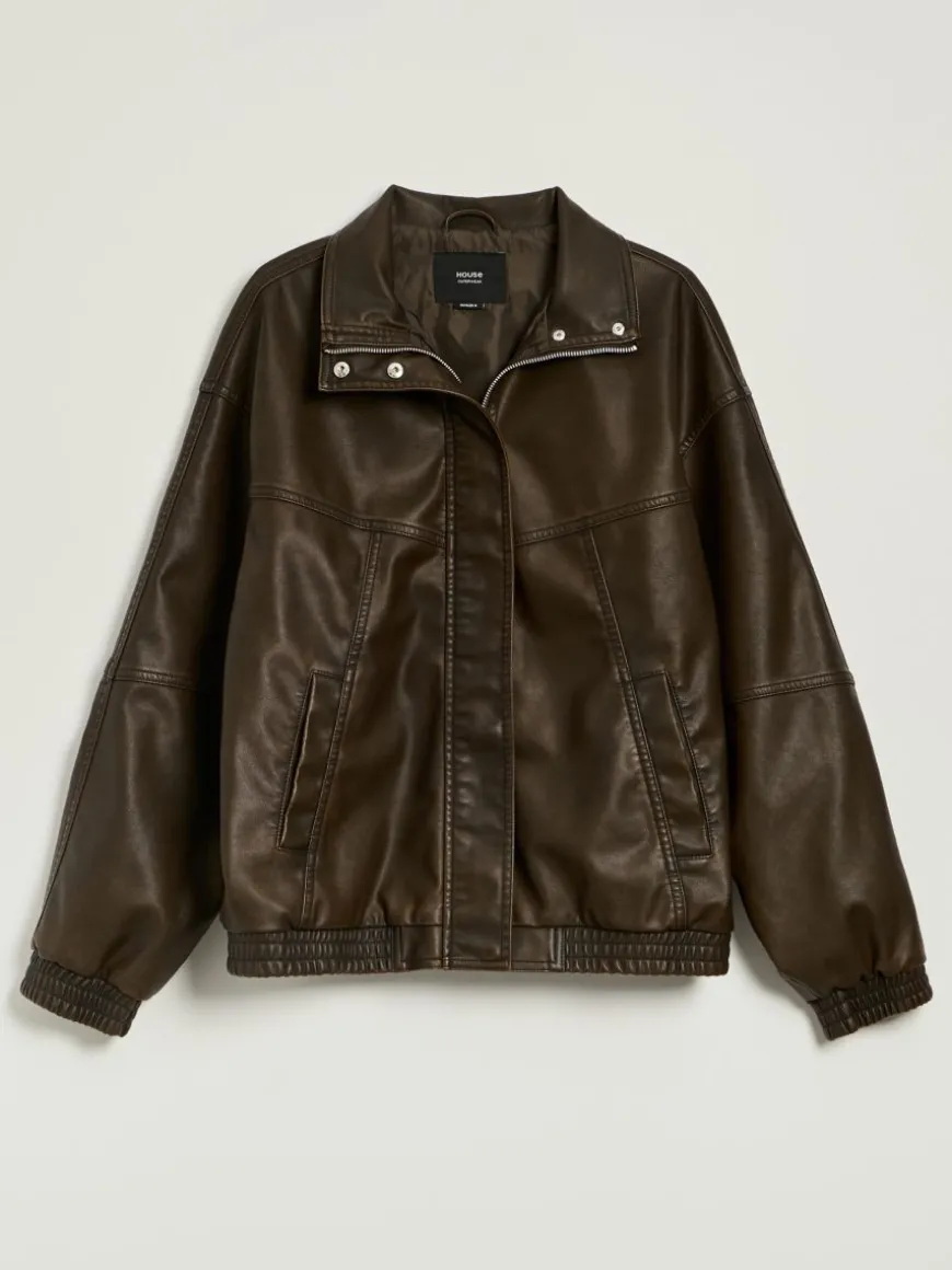 Brązowa kurtka bomber dad fit oversize z efektem sprania