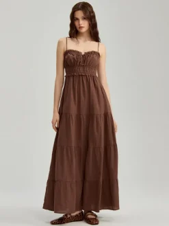 Brązowa sukienka maxi fit&flare z kieszeniami i falbanami
