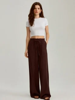 Brązowe spodnie wide leg mid waist z domieszką lnu
