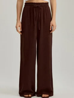 Brązowe spodnie wide leg mid waist z domieszką lnu