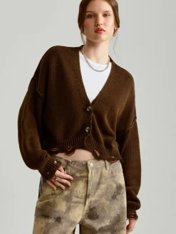 Brązowy cardigan oversize z efektem sprania
