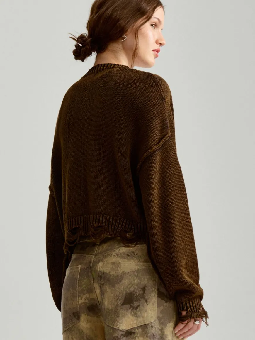 Brązowy cardigan oversize z efektem sprania