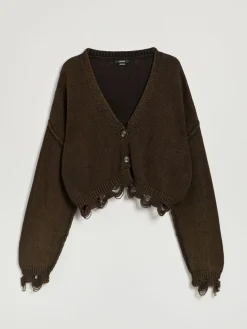 Brązowy cardigan oversize z efektem sprania