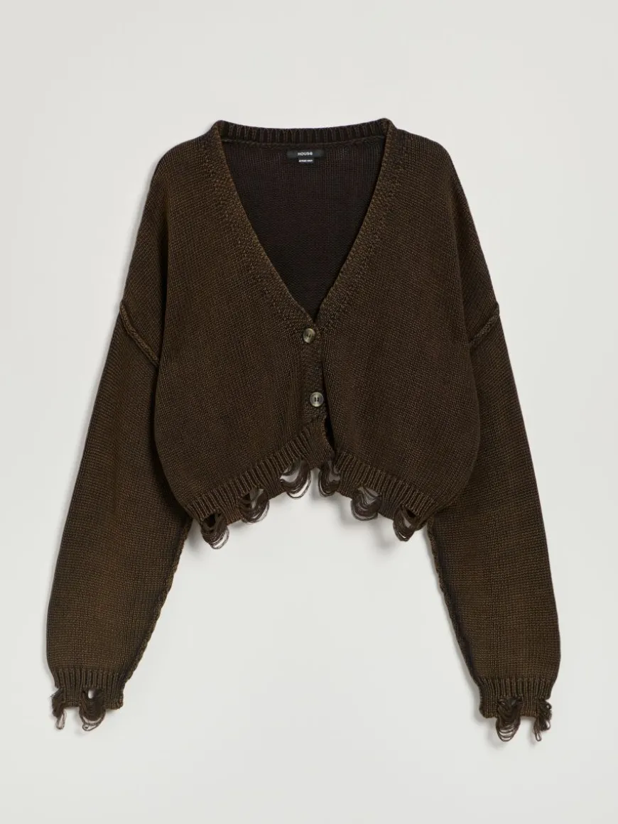 Brązowy cardigan oversize z efektem sprania