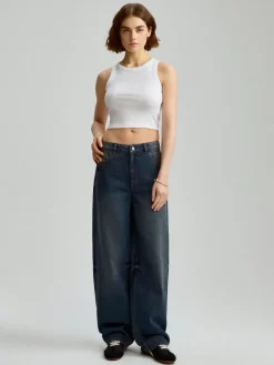 Ciemnogranatowe jeansy baggy fit z przetarciami