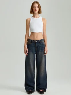 Ciemnogranatowe jeansy wide leg mid waist