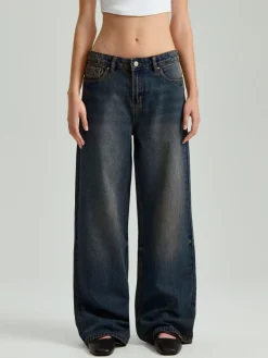 Ciemnogranatowe jeansy wide leg mid waist