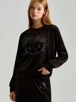 Czarna bluza crewneck z aplikacją z dżetów Hello Kitty