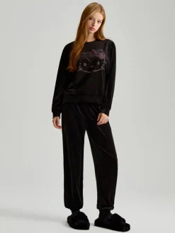 Czarna bluza crewneck z aplikacją z dżetów Hello Kitty