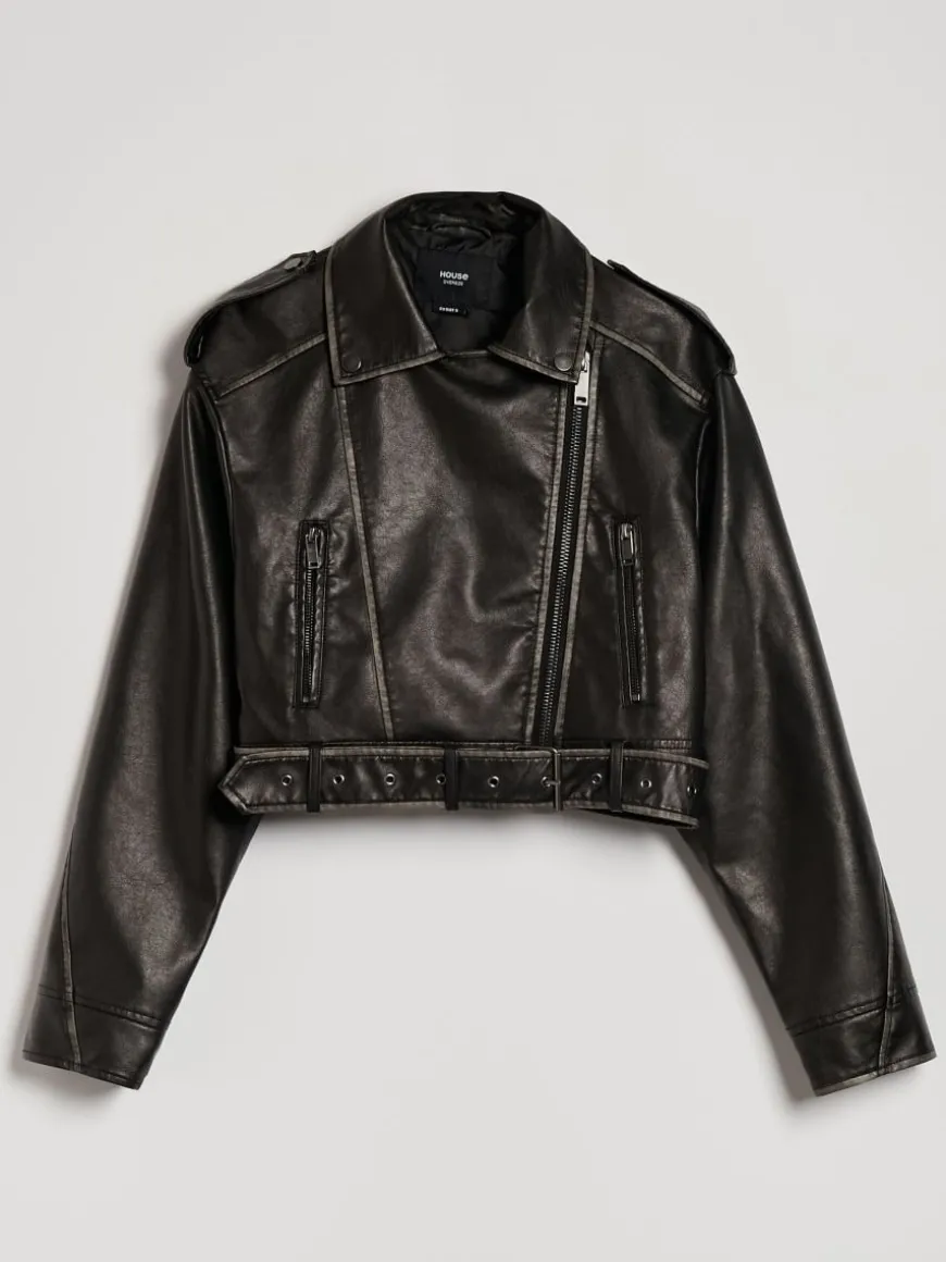 Czarna kurtka biker z paskiem