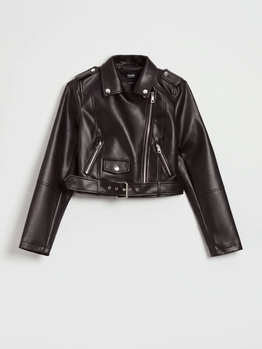 Czarna kurtka biker z paskiem
