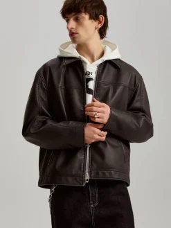 Czarna kurtka z imitacji skóry bomber dad fit