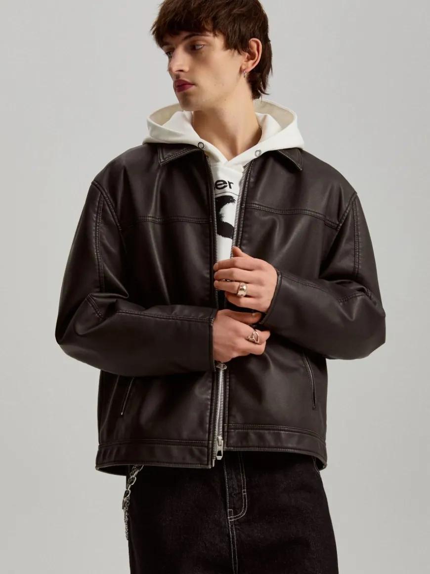 Czarna kurtka z imitacji skóry bomber dad fit