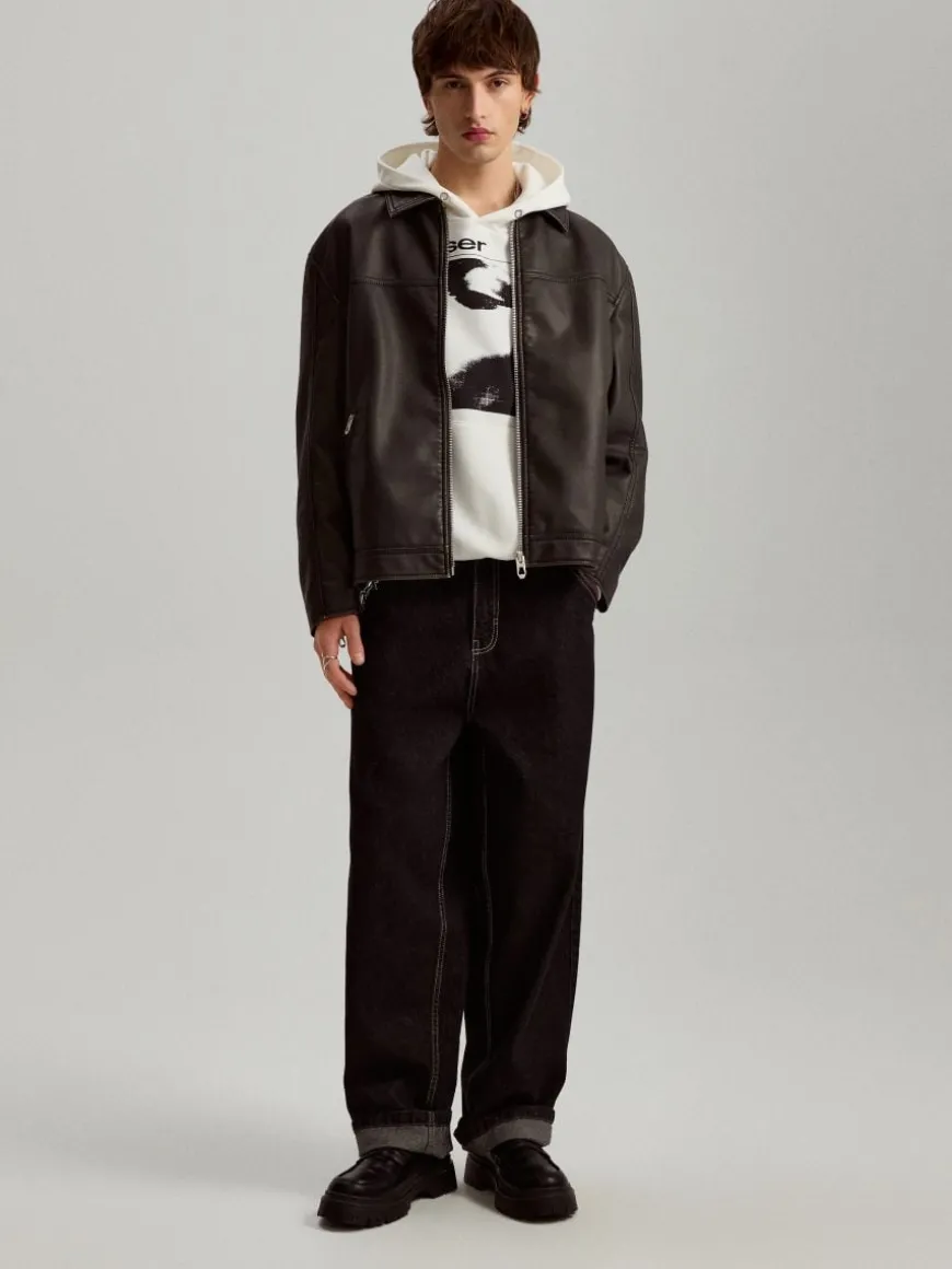Czarna kurtka z imitacji skóry bomber dad fit