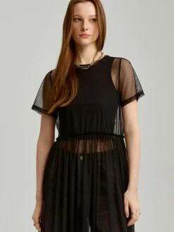 Czarna transparentna sukienka babydoll z krótkim rękawem