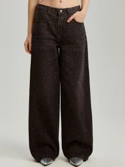 Czarne jeansy wide leg z aplikacją dżetów