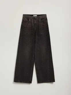 Czarne jeansy wide leg z aplikacją dżetów