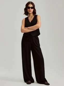 Czarne spodnie wide leg mid waist z domieszką lnu