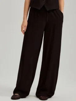 Czarne spodnie wide leg mid waist z domieszką lnu