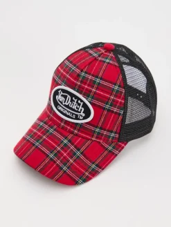 Czerwona czapka z daszkiem trucker hat w kratkę z haftem Von Dutch
