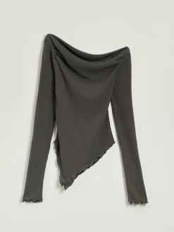 Dopasowany sweter open shoulder w prążki grafitowy