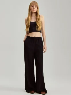 Gładkie spodnie wide leg mid waist czarne