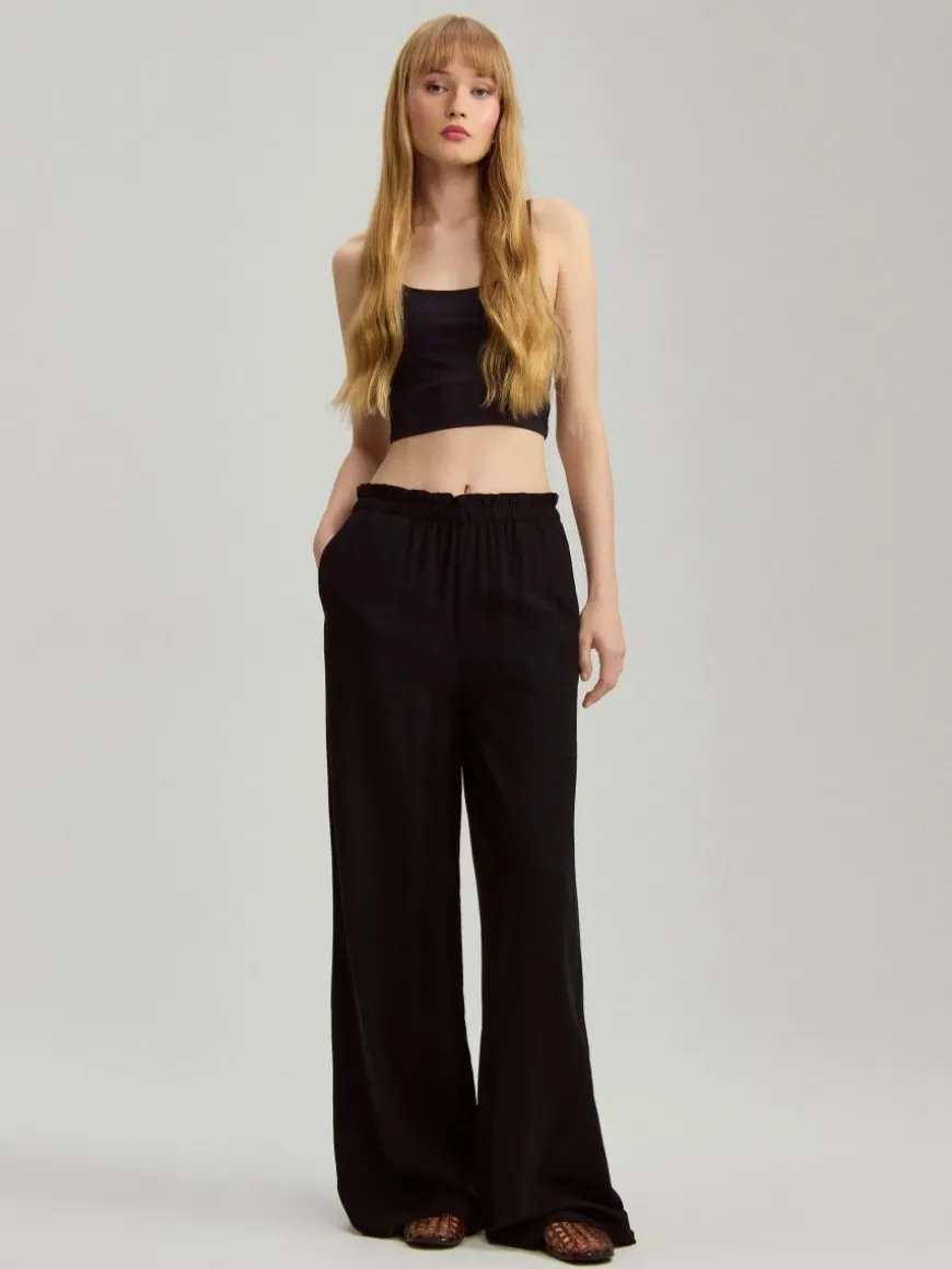 Gładkie spodnie wide leg mid waist czarne