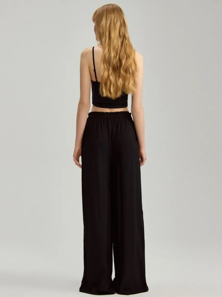 Gładkie spodnie wide leg mid waist czarne