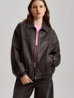 Grafitowa kurtka bomber dad fit z imitacji skóry
